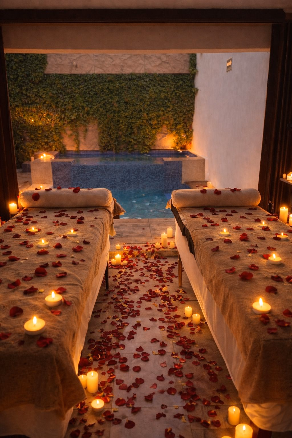 Preparación romántica de cabina doble con pétalos de rosa y velas para un ritual de spa en pareja