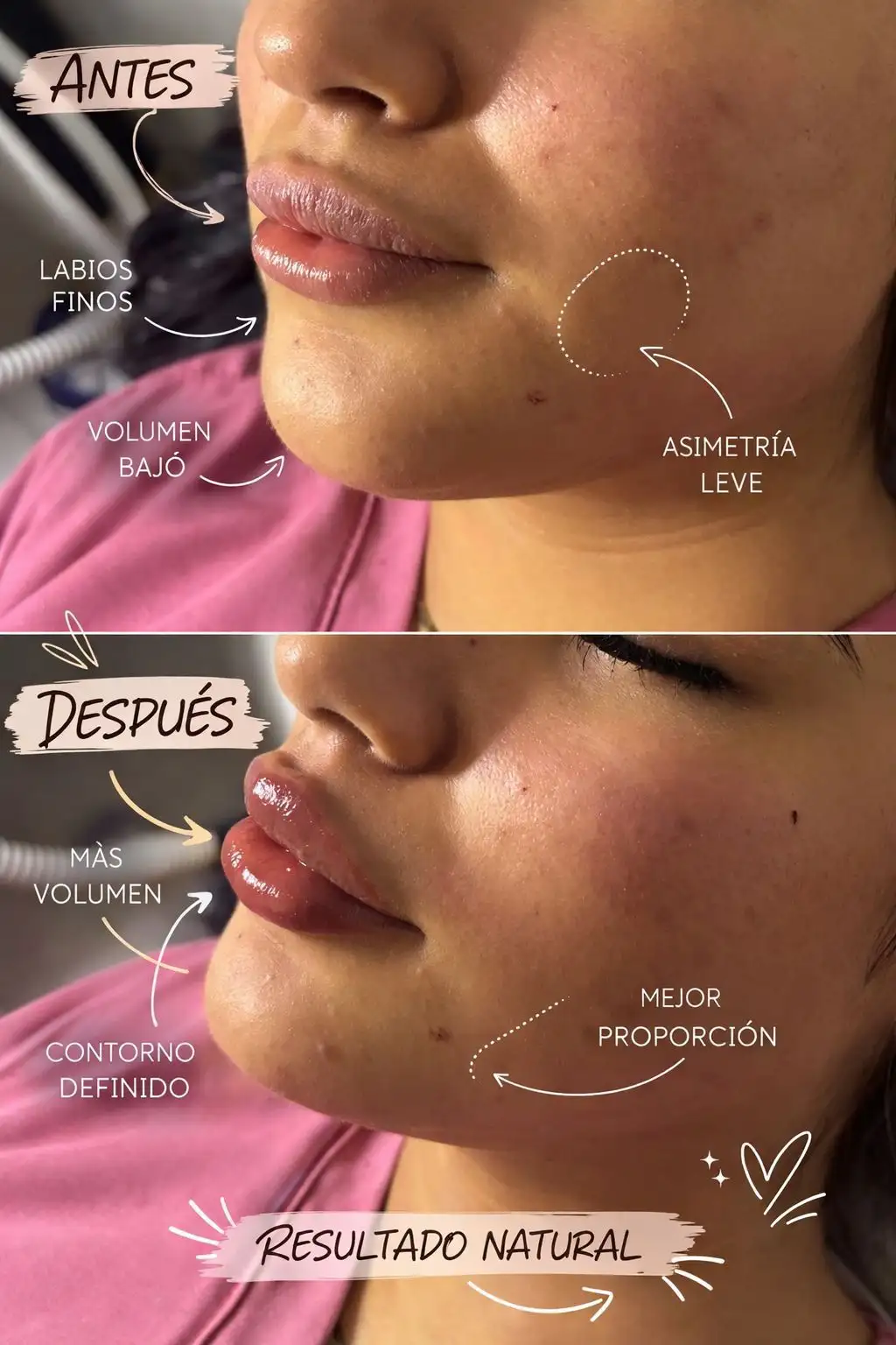 Resultado de tratamiento de labios y armonización: antes y después